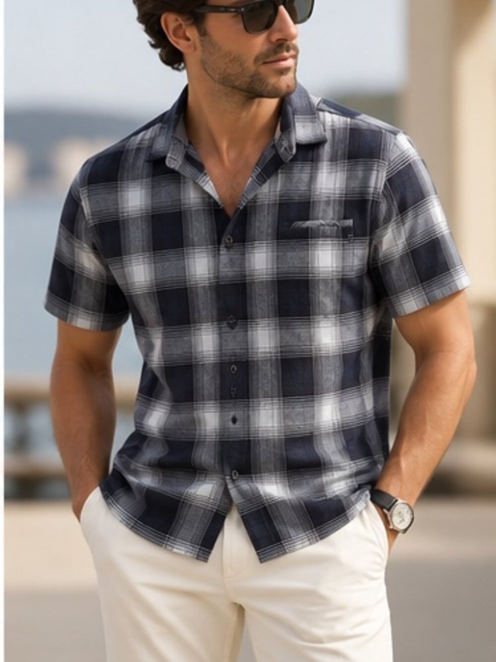 Good Man Brand Men's Large Black Gray Plaid Long Sleeve Button Down Shirt
